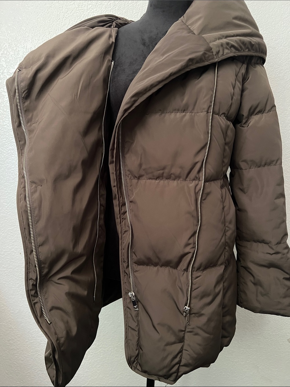 Women's Brown Asymmetrical Puffer Coat with Wide Collar - Picture 2 of 6